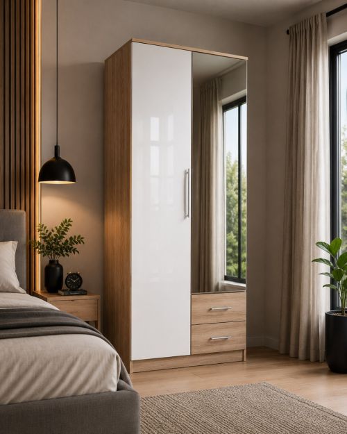 Abel Wardrobe with 2 Drawers White Gloss & Oak | 2 Doors 90cm