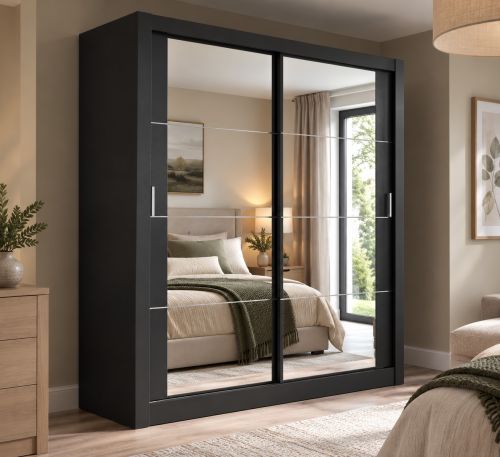Vision Sliding Mirrored Wardrobe in Matt Black | 2 Door - 180cm Wide