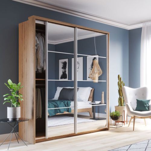 Vision Sliding Mirrored Wardrobe Oak | 2 Door - 180cm Wide