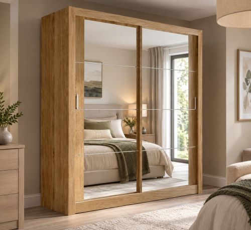 Vision Sliding Mirrored Wardrobe in Shetland Oak 2 Door - 180cm Wide