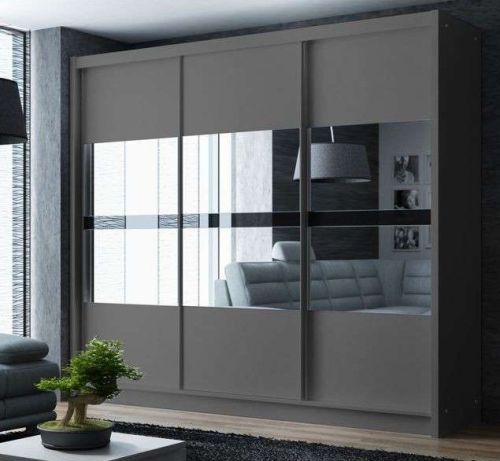Metro Graphite Grey Sliding Wardrobe | Mirror + Drawers | 3 Door 250cm