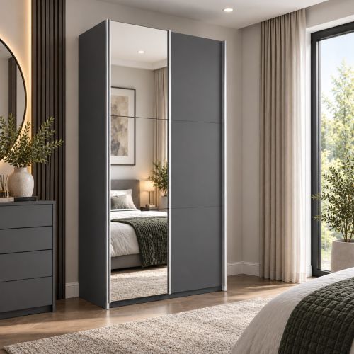 RIGA Graphite Grey Sliding Door Wardrobe with Mirror 120/150cm