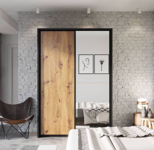London Sliding Wardrobe Nature Oak & Black 2 Door 160cm