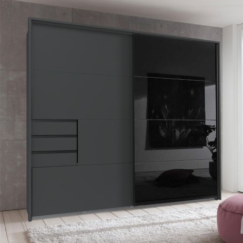 Saigon 2 Door Sliding Wardrobe with Tinted Glass & Drawers 225cm in Graphite Black
