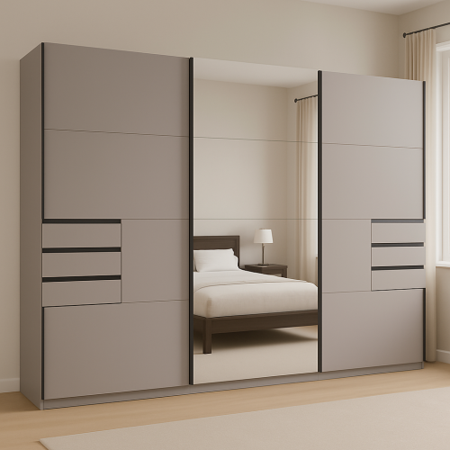 Saigon Sliding Door Wardrobe with Drawers 270cm in Sahara Grey with Mirror