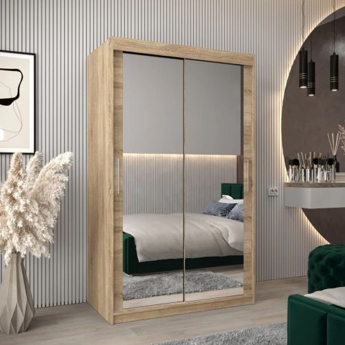 Soho Sliding Mirrored Door Wardrobe with Drawers | Light Oak 120cm
