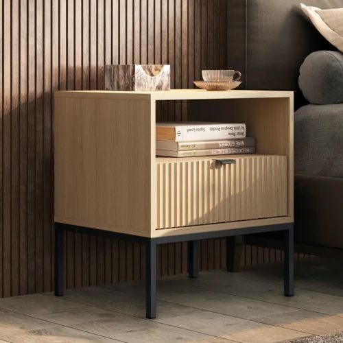 Ripple Bedside Table Fluted Drawer Beige Oak