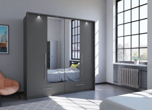 Bi-folding graphite grey wardrobe with drawers, mirrors, 4 doors 210cm