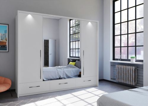 Bi-folding white wardrobe with drawers, mirrors, 4 doors 256cm