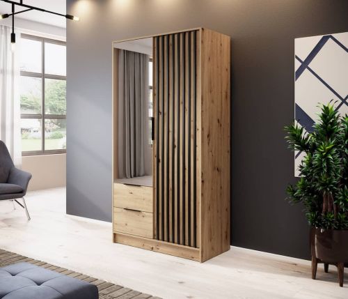 Stripe Oak Wardrobe with Drawers Hinged Mirrored Door Slim 105cm