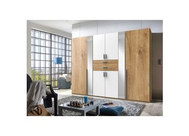 Athena Wardrobe White & Oak 6 Hinged Doors + 2 Drawers + Mirrors 270cm