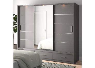 Lenart Sliding Mirrored Wardrobe with Drawers in Matt Grey | 3 Door - 250cm Wide