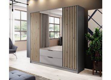 Stripe Wardrobe with Drawers Grey & Oak with Mirrors 4 Doors 206cm