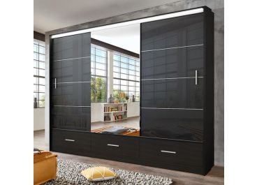 Lenart Sliding Wardrobe with Drawers Black Gloss & Mirror 255cm 