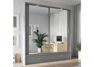 Lenart Grey Wardrobe with Drawers | 2 Sliding Mirrored Doors | 200cm