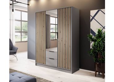 Stripe Mirror Wardrobe with Drawers Grey  Hinged Door 155cm 