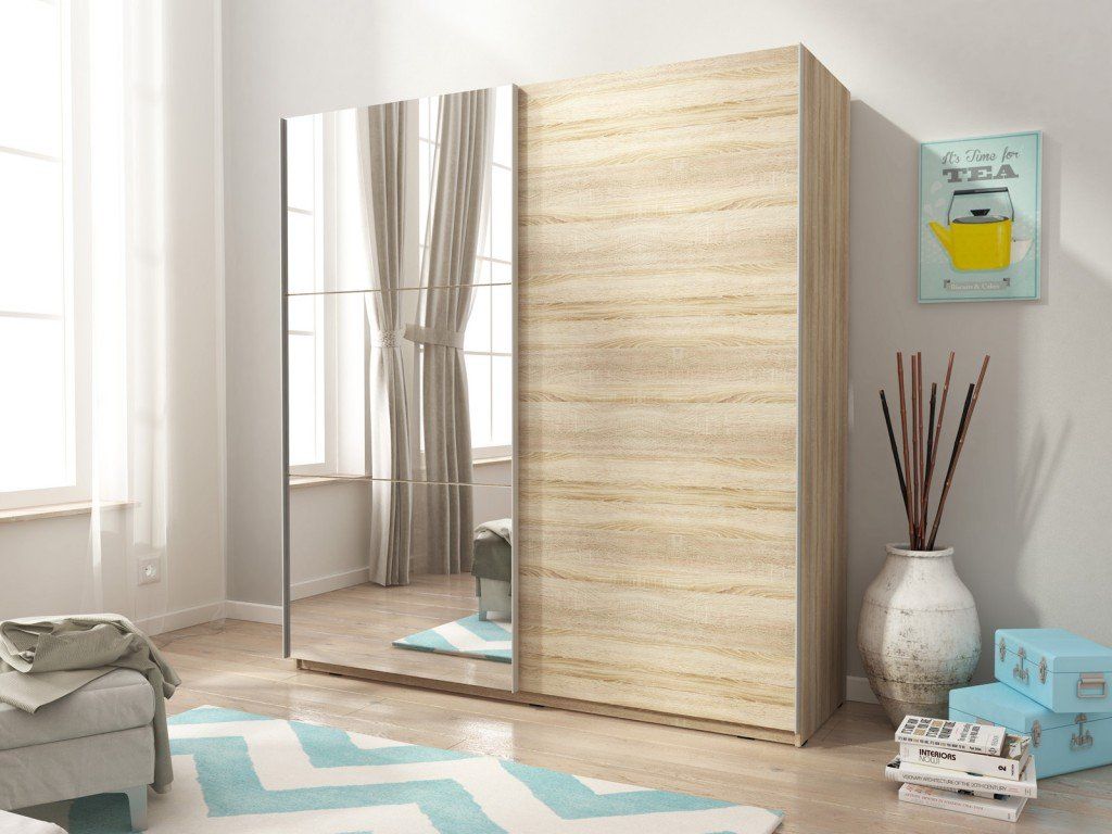 Pixel Sliding Wardrobe Full Length Mirror Door in Oak White 2 Door 200cm Wide