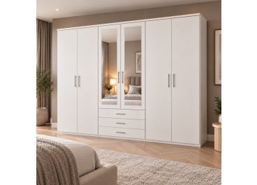 Peak 6 door 3 Drawer White Mirrored Wardrobe 270cm