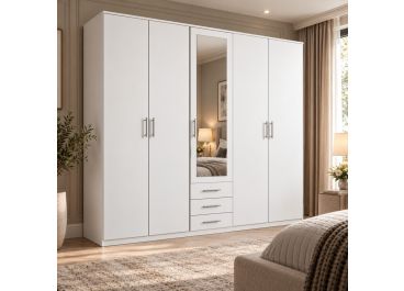 Peak 5 door Wardrobe with Drawers White & Mirror 225cm