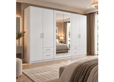 River 6 Door Mirrored White Wardrobe with Drawers 270cm