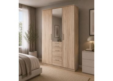 Fabel Oak Wardrobe with 4 Drawer 3 Door + Mirrors 135cm