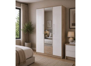 Abel Wardrobe with 2 Drawers White Gloss & Oak | 3 Doors 135cm