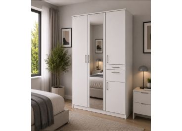 Rivera White Wardrobe with 2 Drawers  3 Doors + Mirror 135cm