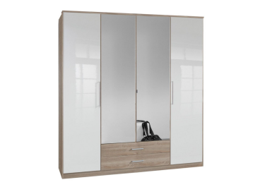 Abel Wardrobe with 2 Drawers White Gloss & Oak | 4 Hinged Doors  180 cm