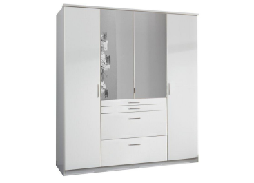 Fabel White Wardrobe with 4 Drawers 4 Doors + Mirror 180cm
