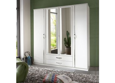 Brace White Wardrobe with 2 Drawers 4 Hinged Doors + Mirrors 180cm