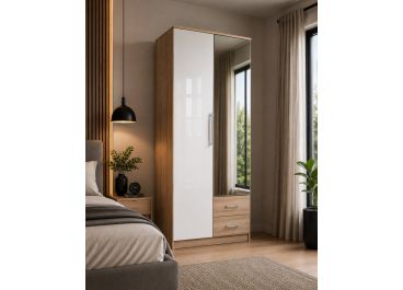 Abel Wardrobe with 2 Drawers White Gloss & Oak | 2 Doors 90cm