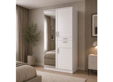 Rivera White Wardrobe with 2 Drawers 2 Doors + Mirror | 90cm