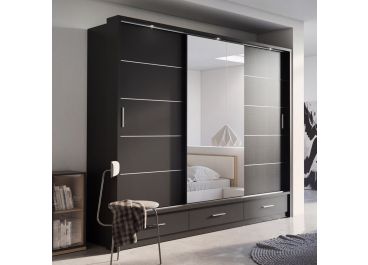 Lenart Sliding Wardrobe + Drawers + Mirror Matt Black | 3 Door - 250cm Wide