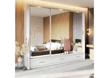 Vision White Wardrobe with Drawers | 3 Sliding Mirrored Doors | 250cm