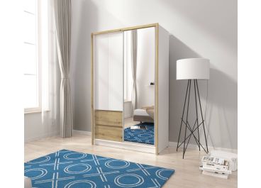Bruno Sliding Wardrobe with Drawers White & Oak | 130cm Wide