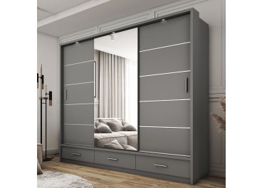 Lenart Sliding Mirrored Wardrobe with Drawers in Matt Grey | 3 Door - 250cm Wide
