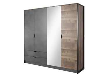 Farmhouse Oak & Grey Hinged Door Wardrobe with Drawers and Mirror 220cm
