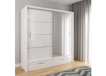 Lenart Sliding Wardrobe with Drawers White Gloss & Mirror 208cm