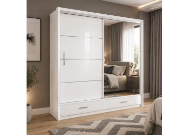 Lenart Sliding Wardrobe with Drawers White Gloss & Mirror 208cm