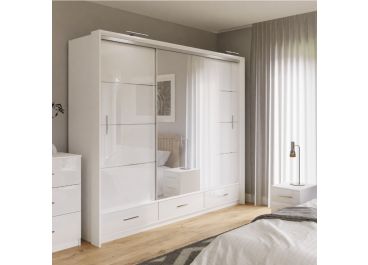 Lenart Sliding Wardrobe with Drawers White Gloss & Mirror 255cm