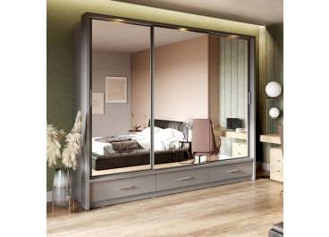 Vision Grey Wardrobe with Drawers | 3 Sliding Mirrored Doors | 250cm