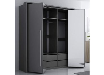 Bi-folding Grey Sliding Wardrobe with Drawers 4 doors 256cm