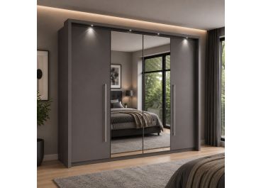 Bi-folding Grey Sliding Wardrobe with Drawers 4 doors 256cm