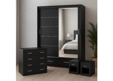 Lenart Bedroom Furniture Set Matt Black + Sliding Wardrobe 200cm