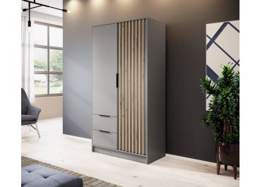 Stripe Grey Wardrobe with Drawers Narrow Hinged 2 Door 105cm