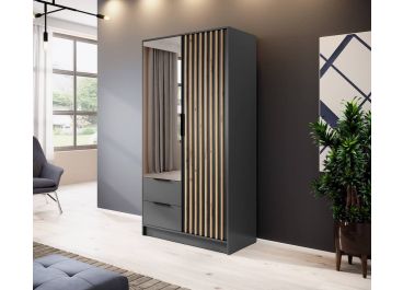Stripe Dark Grey Wardrobe with Drawers Hinged Mirrored Door Slim 105cm