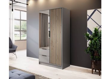Stripe Grey Wardrobe with Drawers Hinged Mirrored Door Slim 105cm