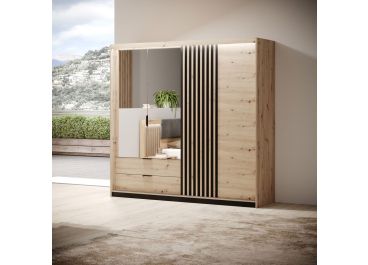 Stripe Oak Hinged Wardrobe with Drawers + Mirrors 220cm