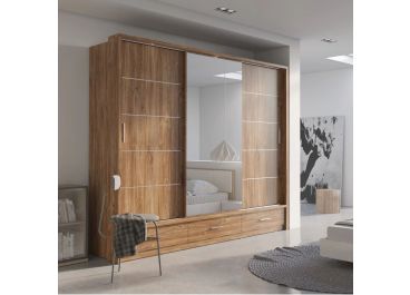Lenart Sliding Wardrobe + Drawers + Mirror| Sterling Oak | 3 Door | 250cm Wide