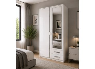Brace White Wardrobe with 2 Drawers 2 Hinged Doors + Mirror 90cm